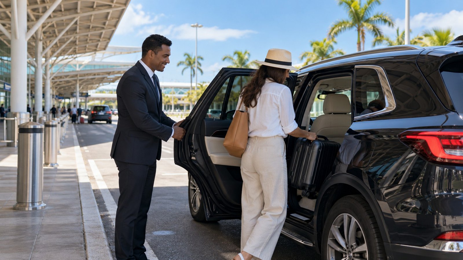 Driver loading luggage into a private airport transfer vehicle in Mauritius