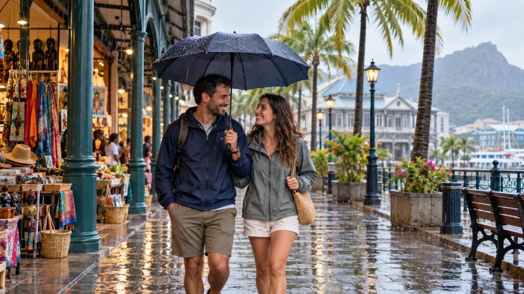 Visitors sightseeing under an umbrella during a rainy day in Mauritius
