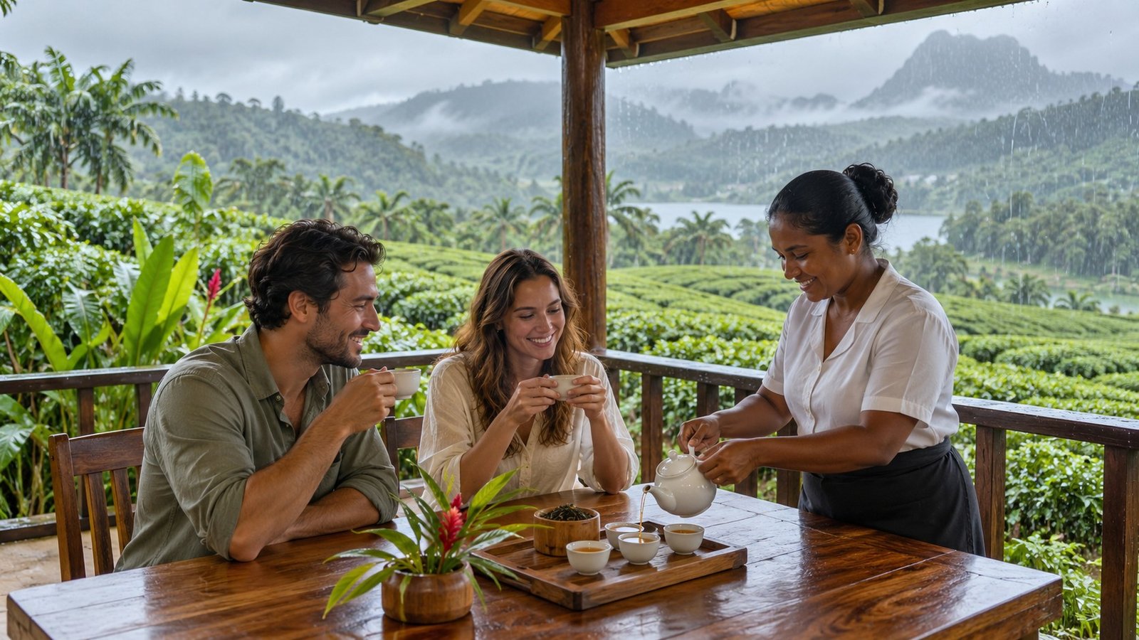 Visitors tasting tea on a covered veranda while rain falls over a tea plantation