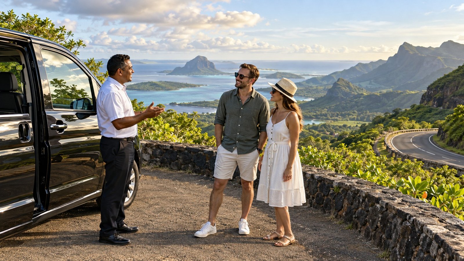 Private driver and travelers at a Mauritius viewpoint